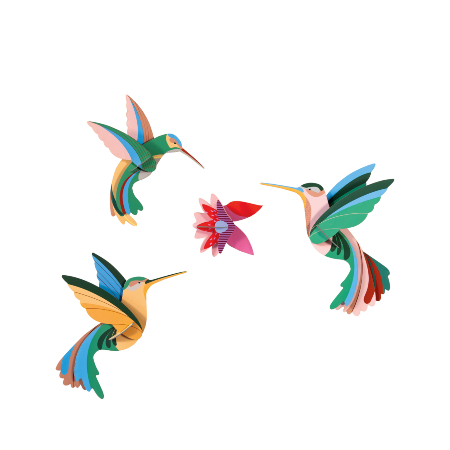 Kleurrijke 3D wanddecoratie Dance of Hummingbirds van Studio ROOF op witte achtergrond