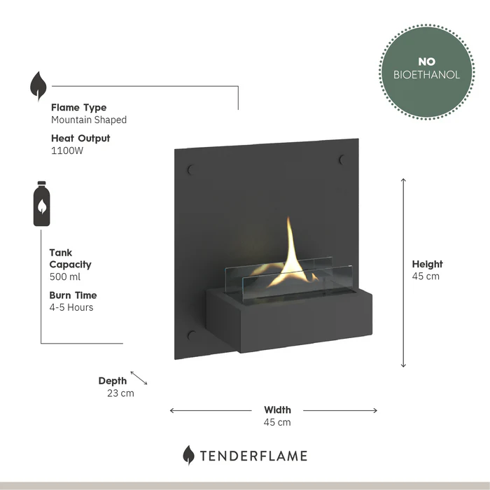Tenderflame Solo 90 metal wall fireplace, 45 x 45 cm, black