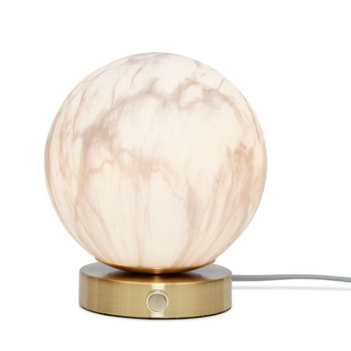 Tafellamp glas/ijzer Carrara bol dia.16x18cm wit marmerprint/goud