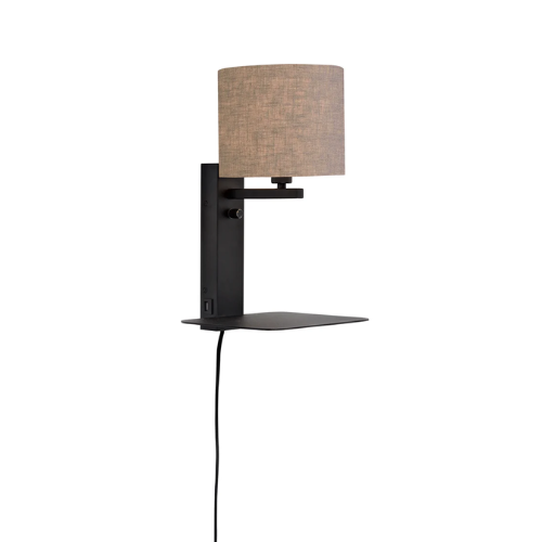 Wandlamp ijzer Florence E14 m. plank+usb h.42cm incl. dimmer/kap 18x15cm, d.linnen