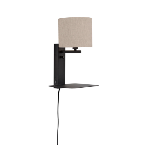 Wandlamp ijzer Florence E14 m. plank+usb h.42cm incl. dimmer/kap 18x15cm, l.linnen
