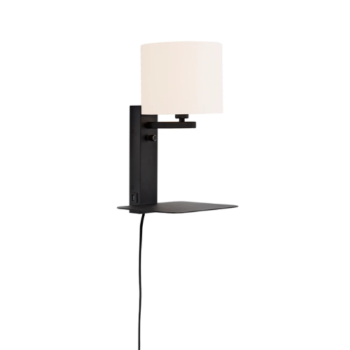 Wandlamp ijzer Florence E14 m. plank+usb h.42cm incl. dimmer/kap 18x15cm, wit