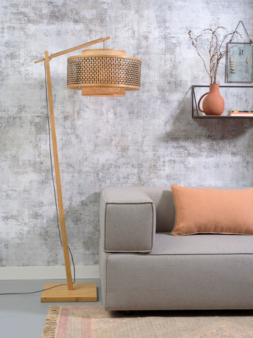 Good&amp;Mojo Stehleuchte Bhutan Bambus nat. H.176cm/Haube 50x30cm s/w/natur L