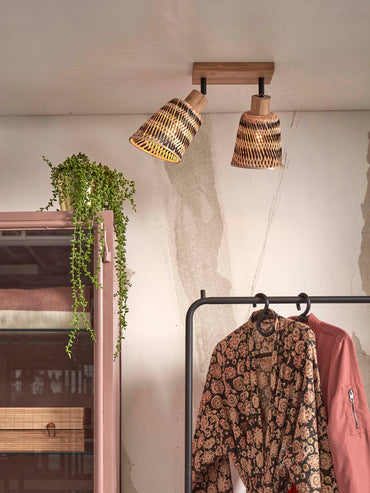 Good&amp;Mojo Java ceiling lamp, double-headed, natural bamboo, 22x12xh2.5cm/shade 15x17cm, black/natural.