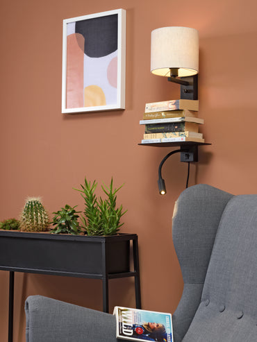 It's About Romi Wandlamp ijzer Florence h.52cm plank+usb+leeslamp 15000hrs/kap 18x15cm incl. dimmer, l.linnen
