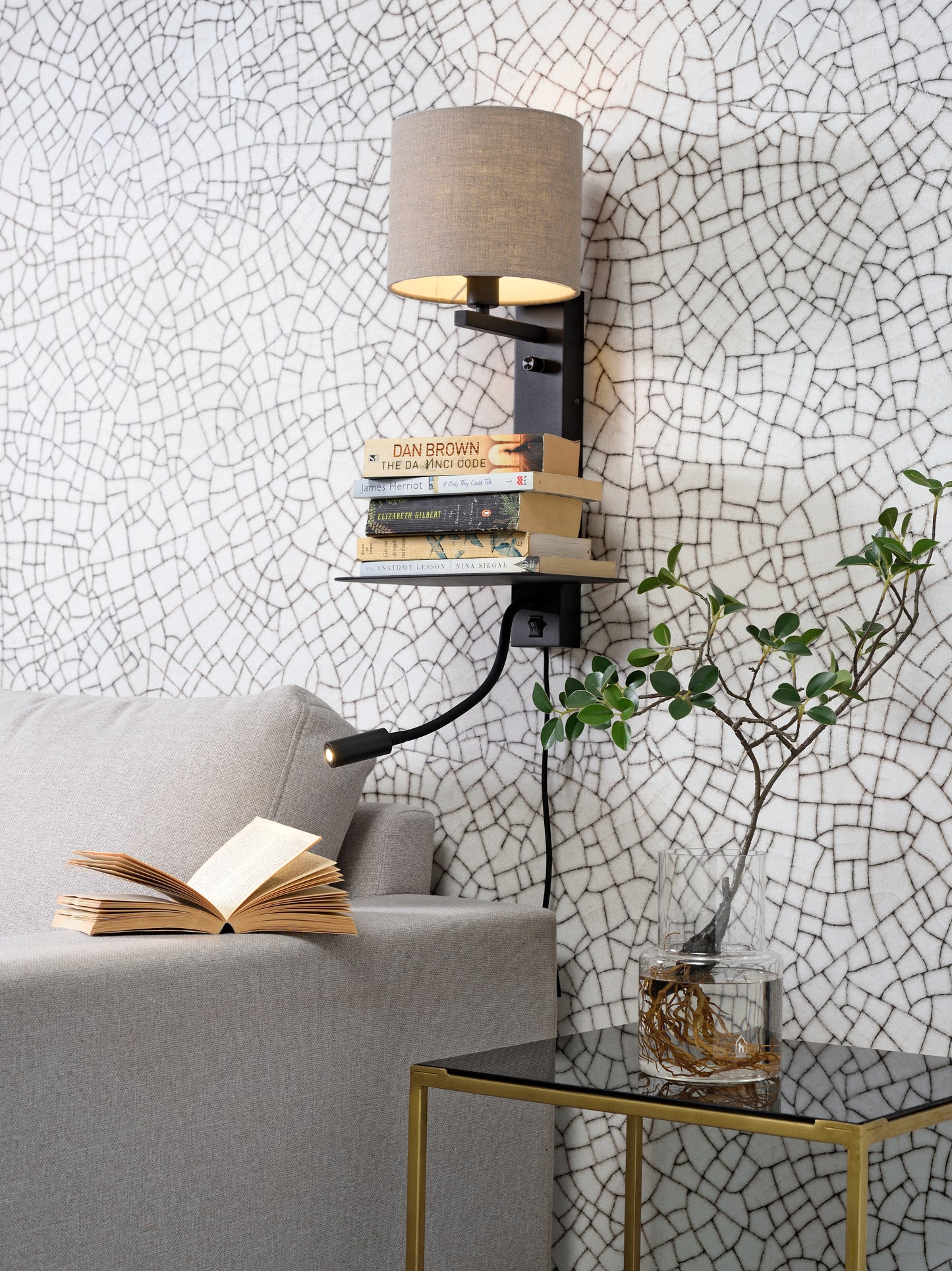 It's About Romi Wandleuchte Eisen Florence H.52cm Regal+USB+Leselampe 15000Std./Schirm 18x15cm inkl. Dimmer, d.linen