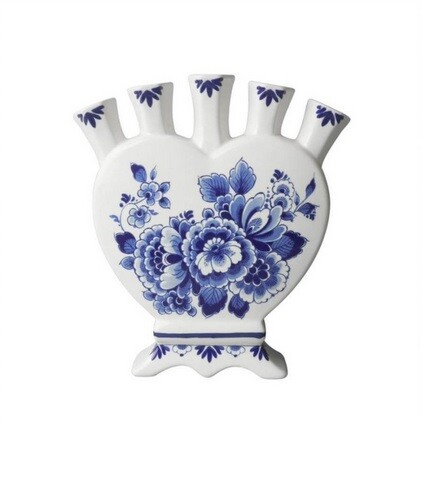 Heinen Delftsblauw Tulpenvaas Hartvormig Landschap en Bloemen18 cm