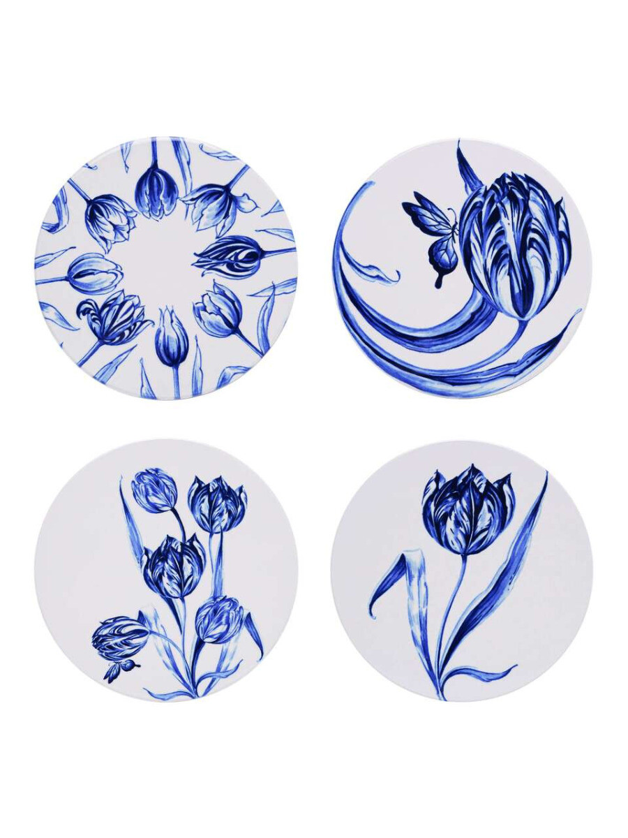 Heinen Delftsblauw Heinen Delfts Blauw onderzetters vrolijke tulpen set van 4